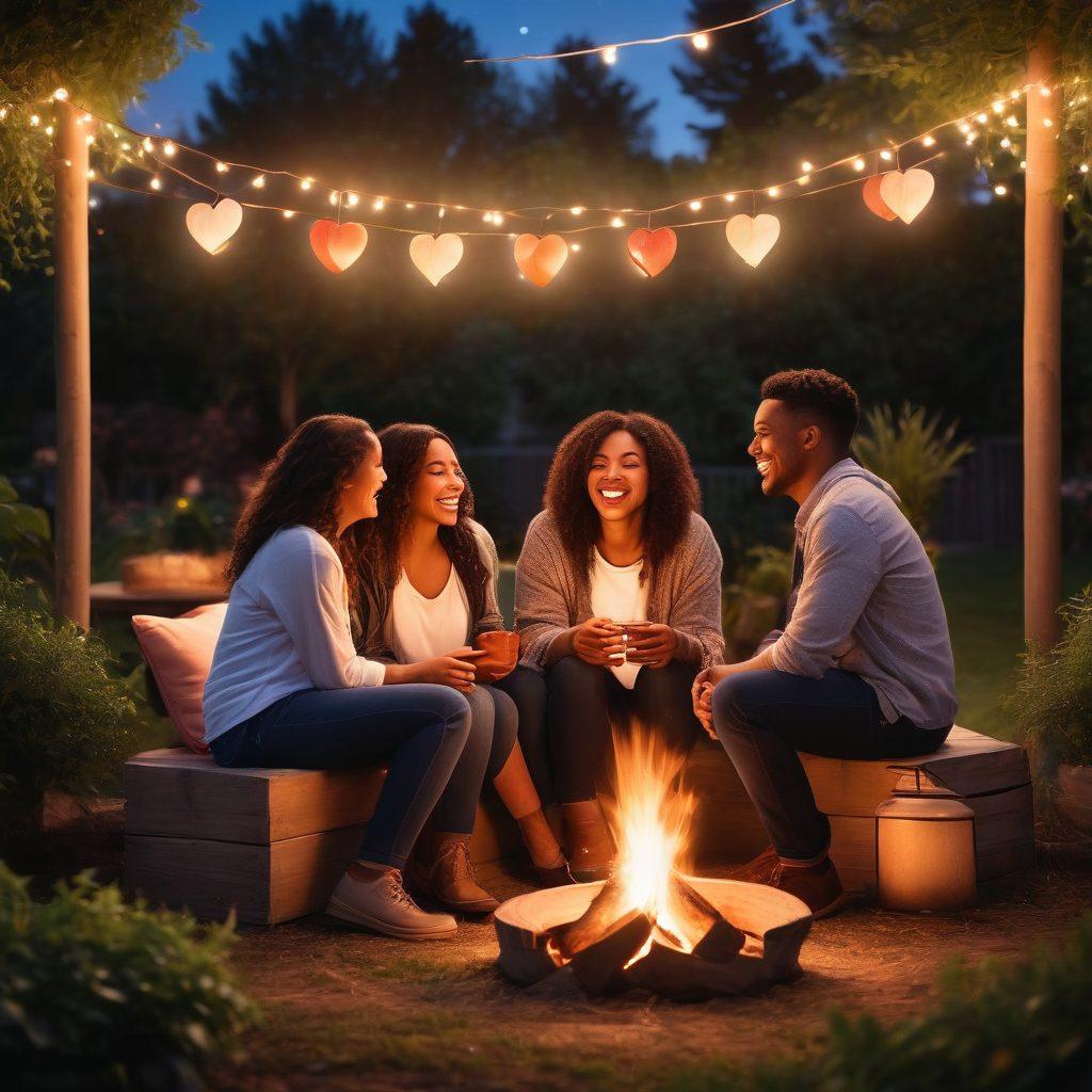 A warm and inviting scene depicting a diverse group of friends sharing a laugh while seated around a cozy bonfire at dusk, with heart-shaped lanterns hanging above them. Soft glowing lights reflect the warmth of their connection, showcasing expressions of joy and affection. The background features lush greenery and a starry sky, symbolizing intimacy in relationships. super-realistic. vibrant colors. warm tones.