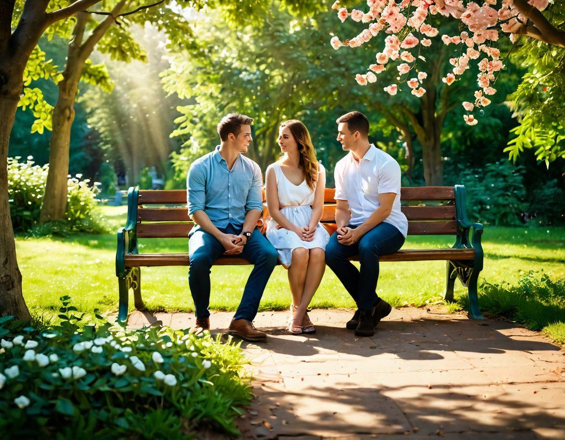 A warm, cozy scene depicting two people sitting on a park bench, engaged in deep conversation with hearts floating around them. The background features lush greenery and soft sunlight filtering through the leaves, symbolizing growth and connection. Include subtle elements of nature like blooming flowers and fluttering butterflies to enhance the atmosphere of affection. soft-focus, vibrant colors, impressionistic style.