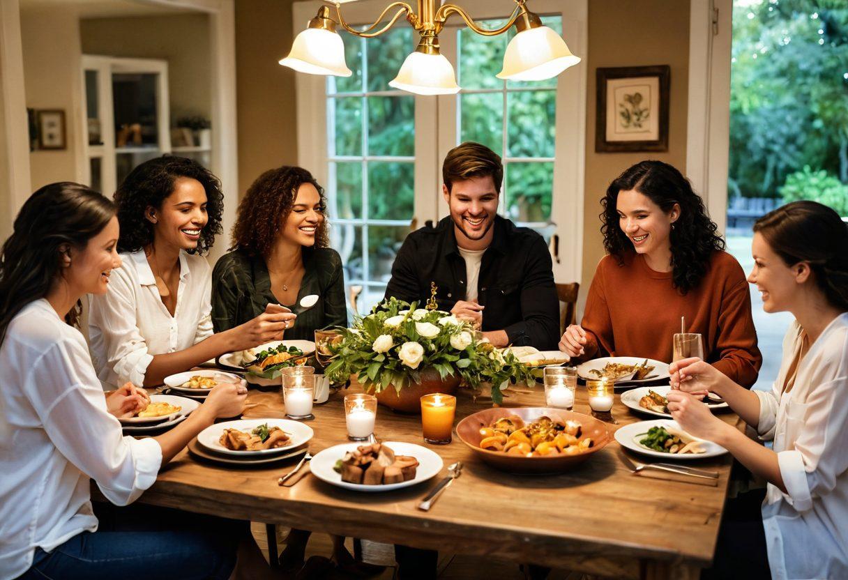 A warm and inviting scene of a diverse group of friends and family sitting around a brightly lit dining table filled with food, laughter, and joy, symbolizing the depth of love and friendship. Incorporate soft, warm lighting to evoke a sense of intimacy and connection, with personal touches like handwritten notes and family photographs in the background. Include elements of nature, such as plants and flowers, to enhance the feeling of togetherness. painting. warm colors. soft focus.